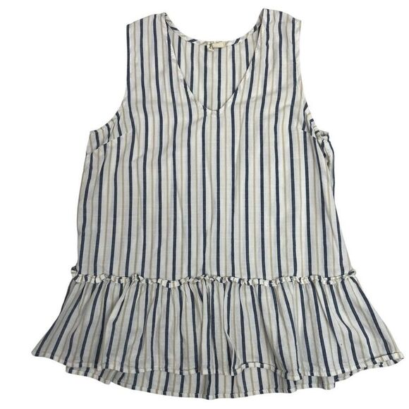 Japna Womens Striped V-Neck Ruffle Peplum Tank Top White Navy Blue Size Large - Picture 9 of 15